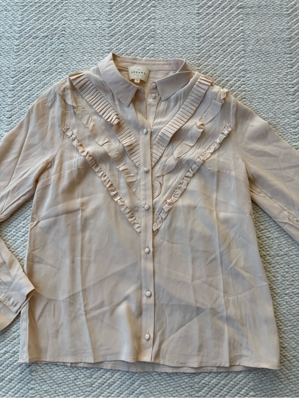 Sezane 100% Silk Ruffle Button Down Blouse Light Pink sz 36 - Picture 2 of 7
